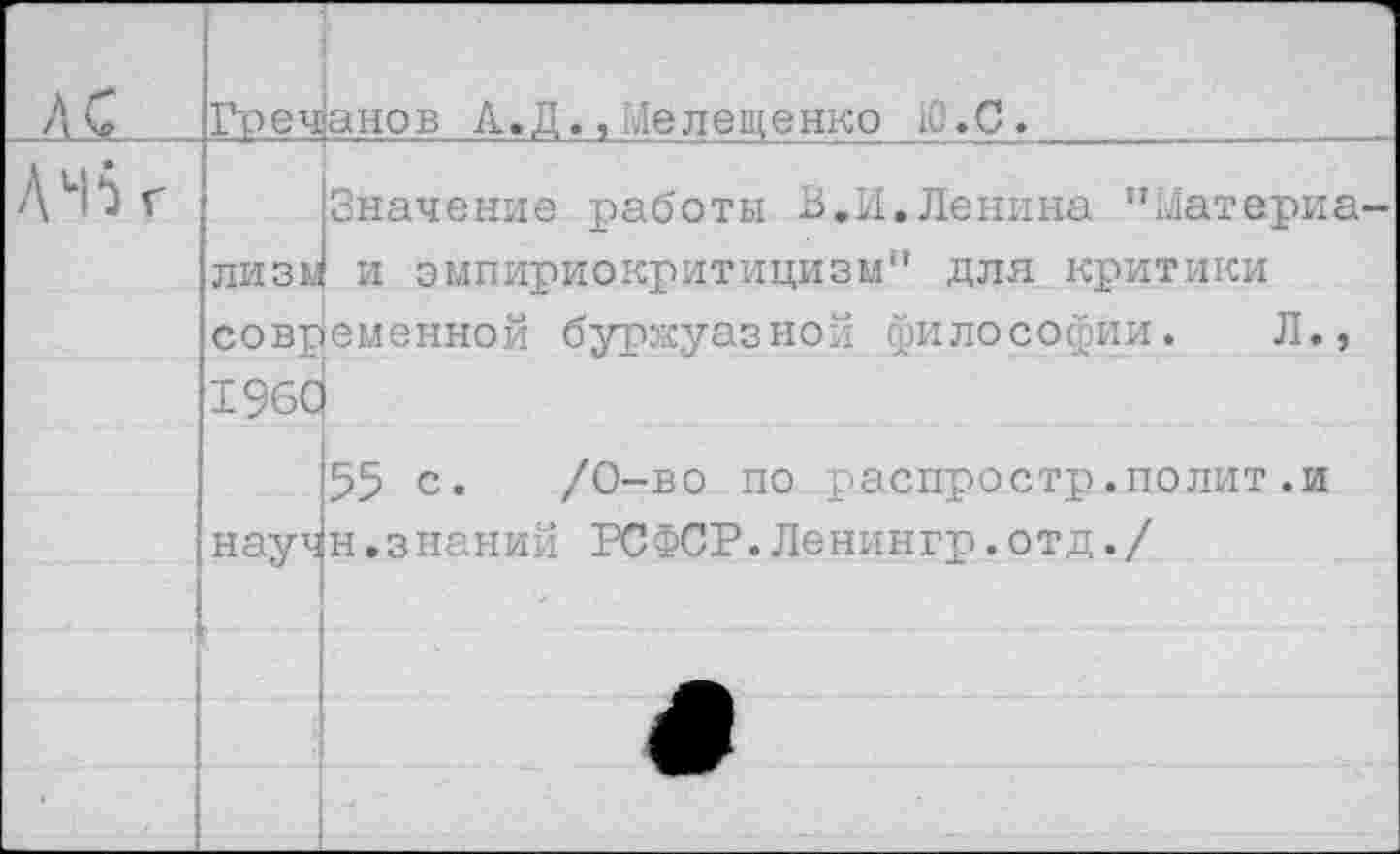 ﻿АС	Гроганов А.Д., .1 е л е ■ ц енко 10.С.	
ДЧ5 г	ЛИЗ К! СОВ£ 196С	Значение работы В.И.Ленина "Матерна-и эмпириокритицизм" для критики еменной буржуазной йилосоуии. Л.,
науч
55 с. /0-во по распростр.полит.и н.знаний РСФСР.Ленингр.отд./